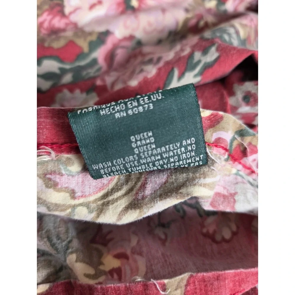 Vtg Ralph Lauren Marseilles Danielle Queen Red Floral Ruffled Flat Sheet